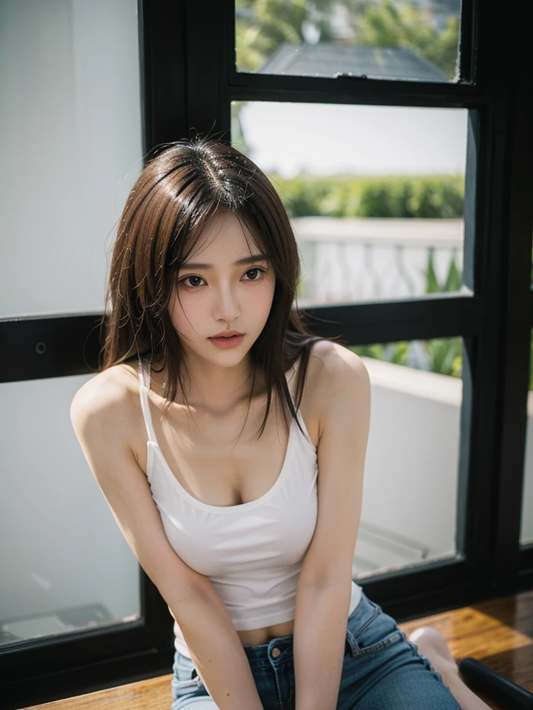 Realistic, Realistic details, detailed, One girl, thin, beautiful, Dynamic pose, detailed skin complexion, Casual clothing, Tight jeans, Yoga Tank Top, T-Shirts, thin太もも, Thigh Gap, Portraiture, Depth of written boundary, Blurred Background, Sharp focus, F1.8/35mm, perspective, Light and shadow contrast, The rule of thirds, Depth and Dimension,