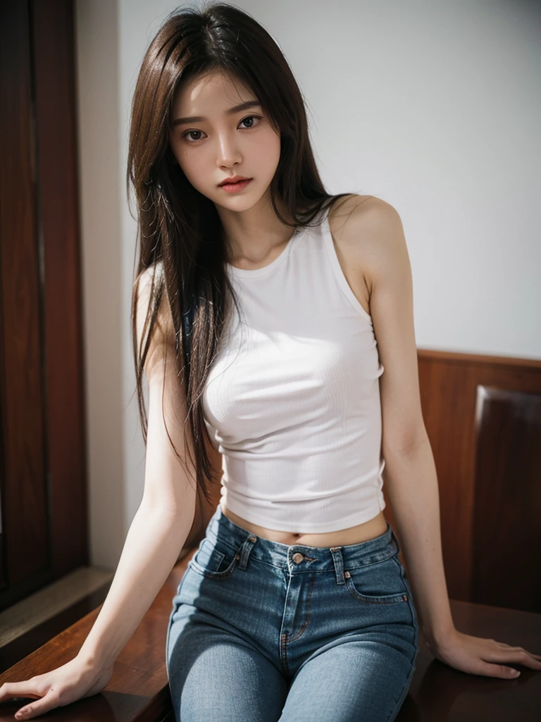 Realistic, Realistic details, detailed, One girl, thin, beautiful, Dynamic pose, detailed skin complexion, Casual clothing, Tight jeans, Yoga Tank Top, T-Shirts, thin太もも, Thigh Gap, Portraiture, Depth of written boundary, Blurred Background, Sharp focus, F1.8/35mm, perspective, Light and shadow contrast, The rule of thirds, Depth and Dimension,