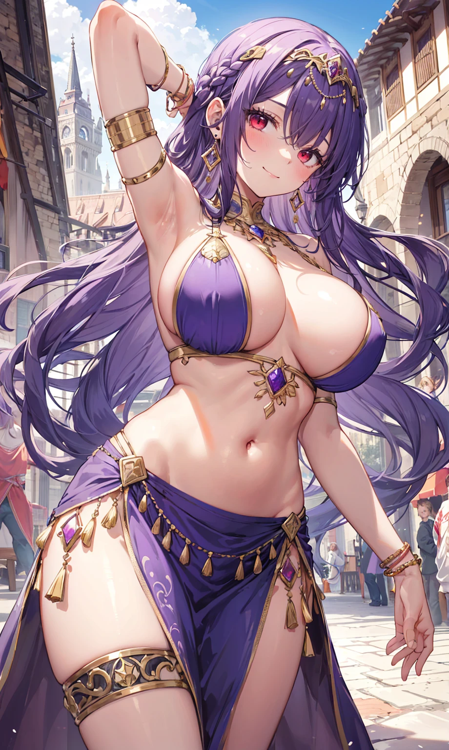 high quality, ultra detailed, best quality, insanely detailed, beautiful, masterpiece, 1girl, medieval plaza, cowboy shot, red eyes, long hair, purple hair, belly dancer, circlet, earrings, armlets, bracelets, bashful smile, large breasts, cleavage, soft stomach