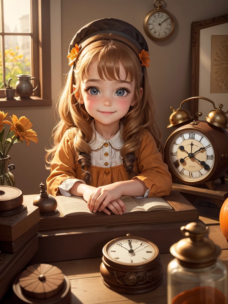 The best picture quality, detailed eyes, long eyelashes, a room with so many clocks of various shapes and sizes that they fill the walls and shelves, a very cute little five-year-old girl at a desk repairing a precision clock, chestnut hair, surprisingly very large and sparkling eyes, a friendly, bright, cute and happy smile, orange summer flowers blooming outside the window,