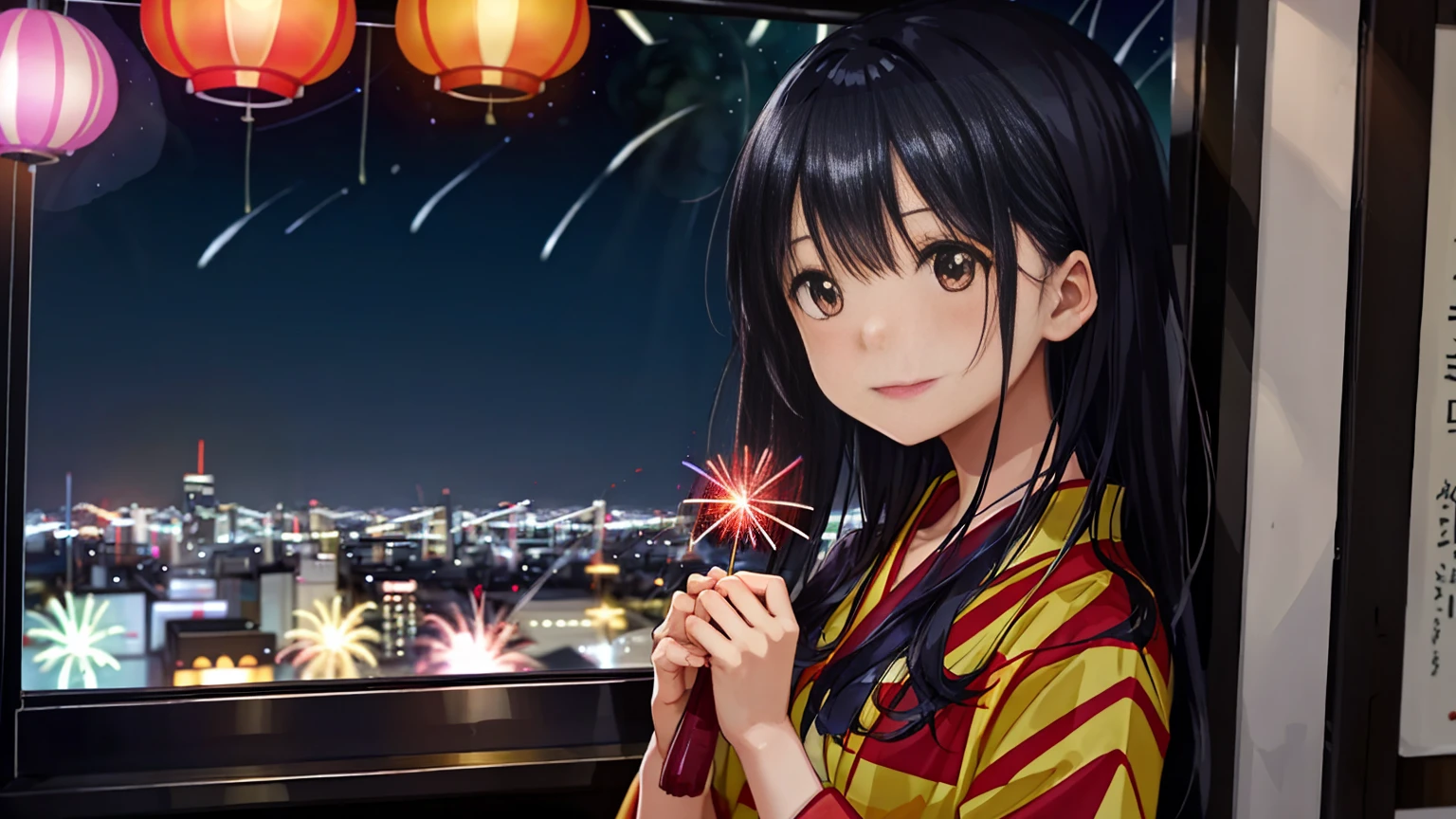 Fireworks Night、A woman in her car enjoying the fireworks through the window。She was wearing a cute red yukata and a yellow obi.、The yukata is a little disheveled, exposing skin.。Her face turned red with embarrassment、Smiling shyly。Outside the window, colorful fireworks are blooming in the night sky.、The interior lighting softly illuminates her.。