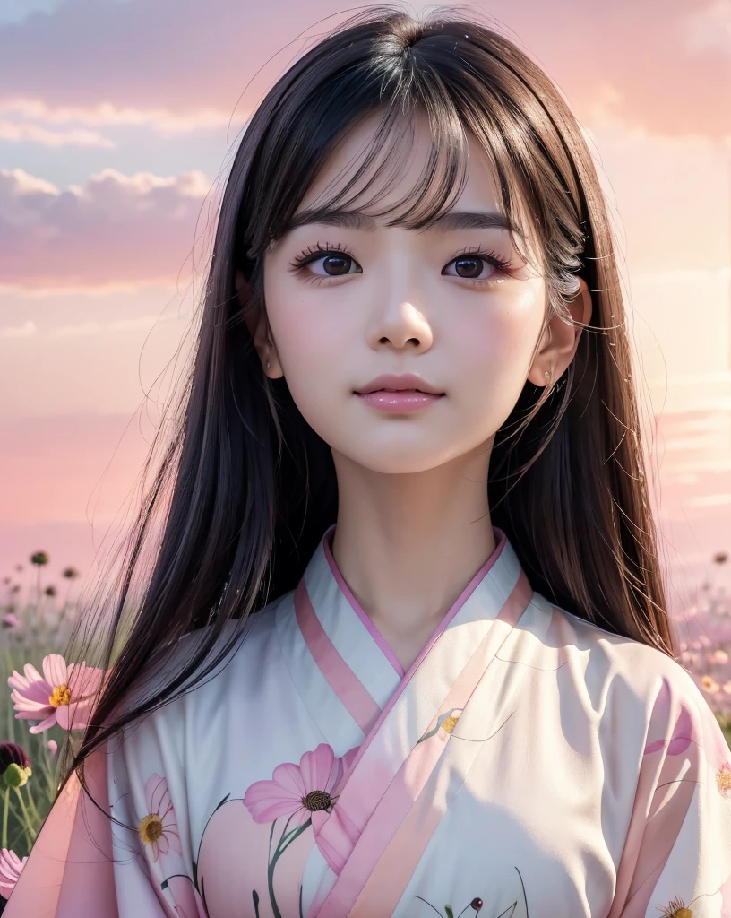 (Highest quality), (32k), (High resolution:1.5), (Masterpiece:1.5), marimo_jet, ((Face Focus:1.3)), Beautiful face in every detail, god々A photograph with brilliant dazzling and healing power., Evoking a sense of calm and elusive beauty, Expressing emotions, Have a rich imagination, A flower field that stretches to the horizon, Nostalgic scenery of youth, Beautiful Japanese Girls, An exceptionally beautiful face, Small Face Beauty, Perfect Human Anatomy, Magical big eyes, Motherhood and generosity, Deep Love, fleeting smile, Shiny black hair, Beautiful long hair swaying in the wind, Asymmetrical bangs, Hair between the eyes, Transparent, soft white skin, Sharp eyebrows, Thin lashes, Natural Makeup, Cheek highlighter, Pale pink detailed lips, (Flower pattern kimono:1.4), ((Cosmos fields stretching to the horizon:1.3)), ((Pink Sky:1.3)), Beautifully detailed skies, ((Shining in the morning sunlight)), Professional photographer, Professional Lighting, Professional models, god秘的