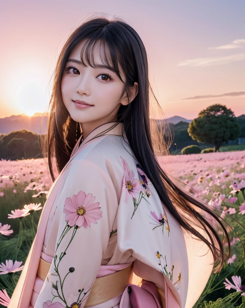 (Highest quality), (32k), (High resolution:1.5), (Masterpiece:1.5), marimo_jet, ((Face Focus:1.3)), Beautiful face in every detail, god々A photograph with brilliant dazzling and healing power., Evoking a sense of calm and elusive beauty, Expressing emotions, Have a rich imagination, A flower field that stretches to the horizon, Nostalgic scenery of youth, Beautiful Japanese Girls, An exceptionally beautiful face, Small Face Beauty, Perfect Human Anatomy, Magical big eyes, Motherhood and generosity, Deep Love, fleeting smile, Shiny black hair, Beautiful long hair swaying in the wind, Asymmetrical bangs, Hair between the eyes, Transparent, soft white skin, Sharp eyebrows, Thin lashes, Natural Makeup, Cheek highlighter, Pale pink detailed lips, (Flower pattern kimono:1.4), ((Cosmos fields stretching to the horizon:1.3)), ((Pink Sky:1.3)), Beautifully detailed skies, ((Shining in the morning sunlight)), Professional photographer, Professional Lighting, Professional models, god秘的