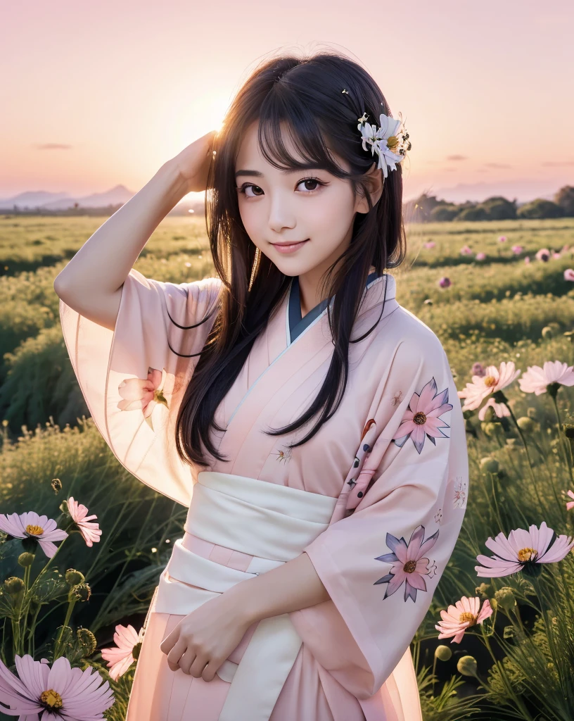 (Highest quality), (32k), (High resolution:1.5), (Masterpiece:1.5), marimo_jet, ((Face Focus:1.3)), Beautiful face in every detail, god々A photograph with brilliant dazzling and healing power., Evoking a sense of calm and elusive beauty, Expressing emotions, Have a rich imagination, A flower field that stretches to the horizon, Nostalgic scenery of youth, Beautiful Japanese Girls, An exceptionally beautiful face, Small Face Beauty, Perfect Human Anatomy, Magical big eyes, Motherhood and generosity, Deep Love, fleeting smile, Shiny black hair, Beautiful long hair swaying in the wind, Asymmetrical bangs, Hair between the eyes, Transparent, soft white skin, Sharp eyebrows, Thin lashes, Natural Makeup, Cheek highlighter, Pale pink detailed lips, (Flower pattern kimono:1.4), ((Cosmos fields stretching to the horizon:1.3)), ((Pink Sky:1.3)), Beautifully detailed skies, ((Shining in the morning sunlight)), Professional photographer, Professional Lighting, Professional models, god秘的