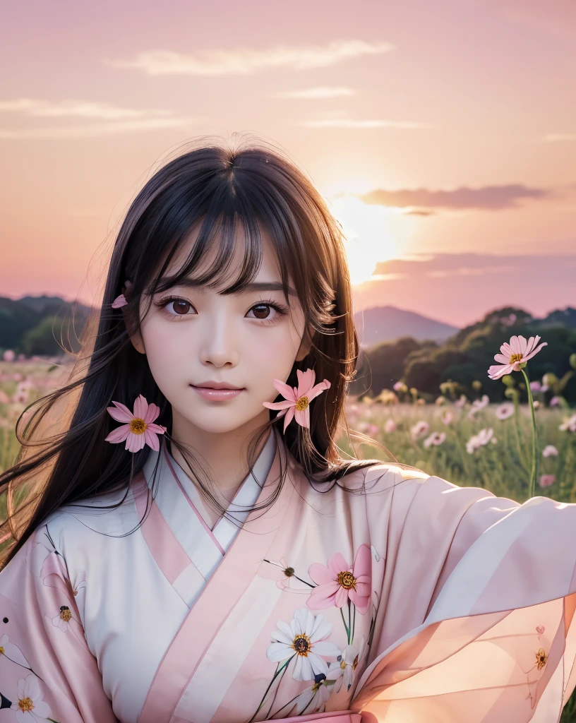 (Highest quality), (32k), (High resolution:1.5), (Masterpiece:1.5), marimo_jet, ((Face Focus:1.3)), Beautiful face in every detail, god々A photograph with brilliant dazzling and healing power., Evoking a sense of calm and elusive beauty, Expressing emotions, Have a rich imagination, A flower field that stretches to the horizon, Nostalgic scenery of youth, Beautiful Japanese Girls, An exceptionally beautiful face, Small Face Beauty, Perfect Human Anatomy, Magical big eyes, Motherhood and generosity, Deep Love, fleeting smile, Shiny black hair, Beautiful long hair swaying in the wind, Asymmetrical bangs, Hair between the eyes, Transparent, soft white skin, Sharp eyebrows, Thin lashes, Natural Makeup, Cheek highlighter, Pale pink detailed lips, (Flower pattern kimono:1.4), ((Cosmos fields stretching to the horizon:1.3)), ((Pink Sky:1.3)), Beautifully detailed skies, ((Shining in the morning sunlight)), Professional photographer, Professional Lighting, Professional models, god秘的