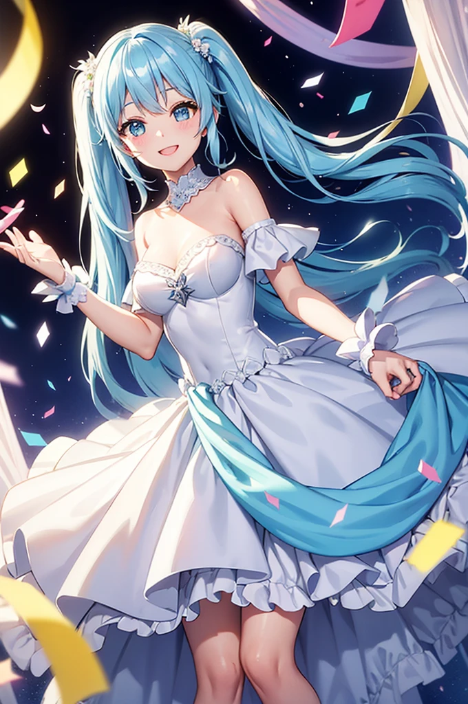 Light blue long hair、Beautiful girl with twin tails、Wedding ring exchange、Great smile、Bright smile、Wedding dress、The ring is shiny、Seven-colored confetti is dancing