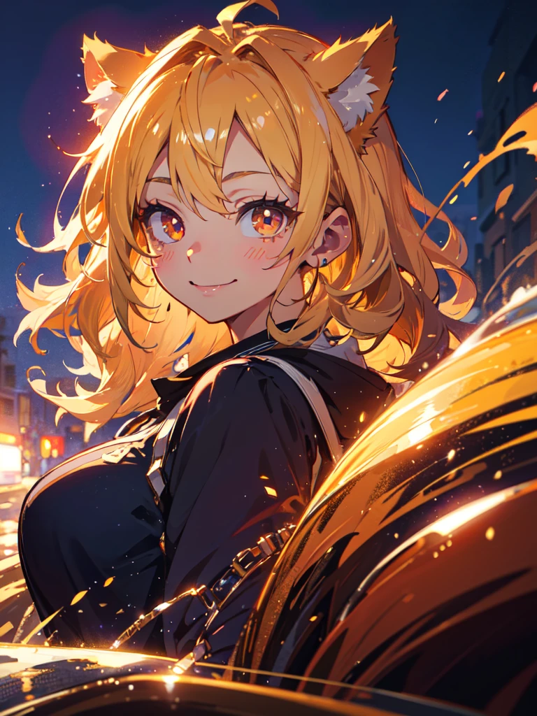 hair over shoulder, wavy hair, hair strand, shiny hair, blonde hair, eye reflection, glowing eyes, slit pupils, amber eyes, cat ears, smile, blush, glint, happy, anime, anime style, En plein air, high detail, cinematic lighting, ray tracing, reflection light, masterpiece, accurate, anatomically correct, super detail, high details, high quality, best quality, highres, 4K