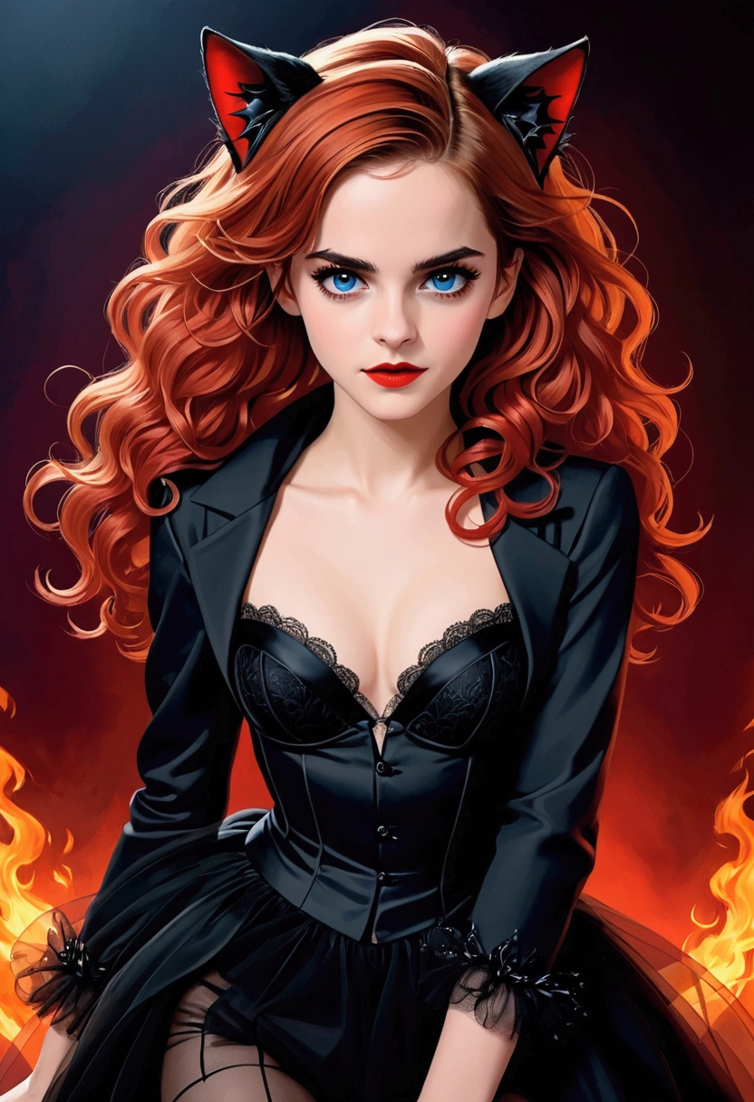 Emma Watson vampire beauty,Beauty Model,Cat ears,Hot and sexy body,thin,Thin legs,Long legs,Enchanting and charming, very long puffy curly red hair ,Flaming red lips,Wear black,Black tulle bra,Silk Tulle Coat,Black silk pantyhose ,Delicate face,blue eyes