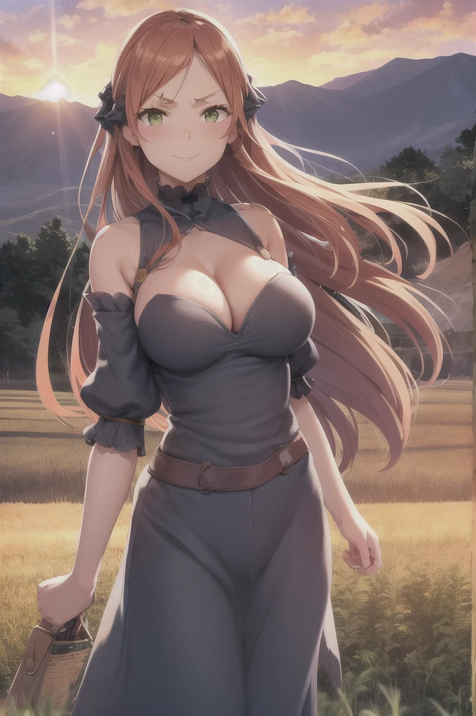 large breasts, smile, furrowed brow, field, sky, clouds, mountains, sunset, 1 girl, orange hair, green eyes