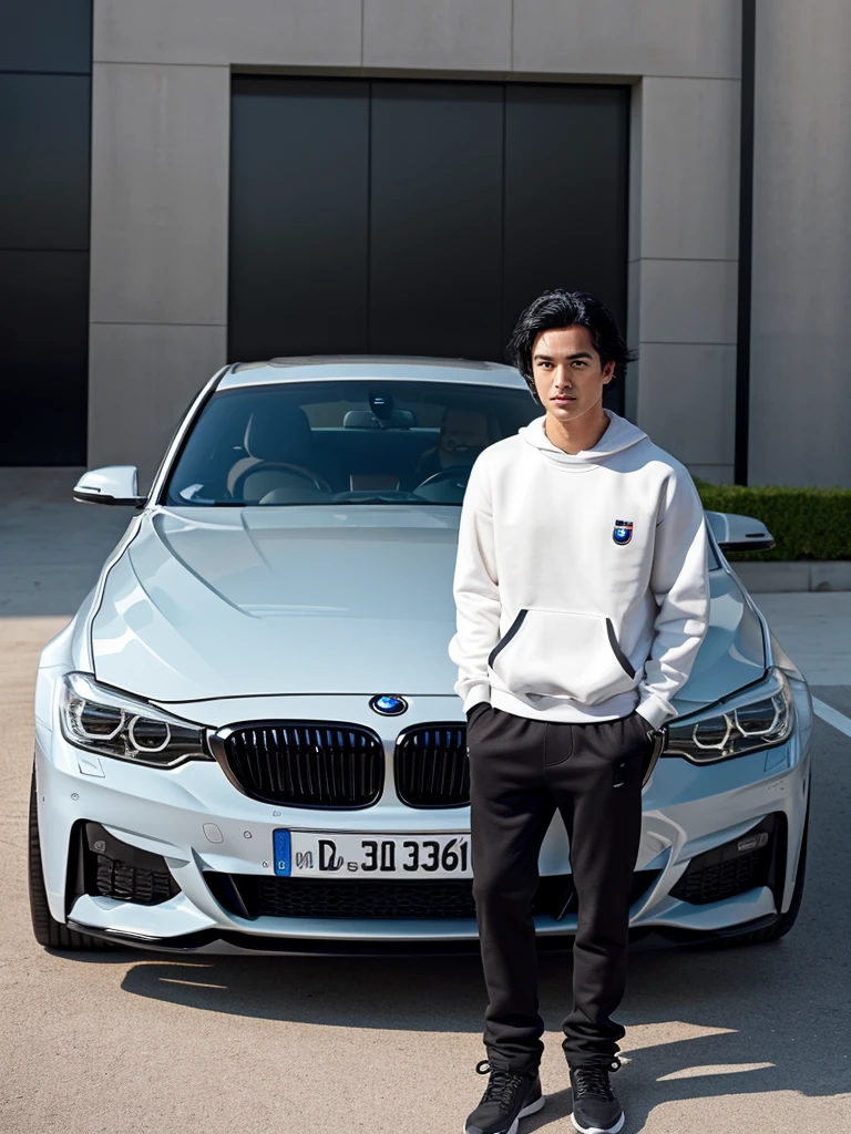 I want a real image of a man in a sweatshirt next to a BMW 3 series f31, preferably tanned,. with black hair