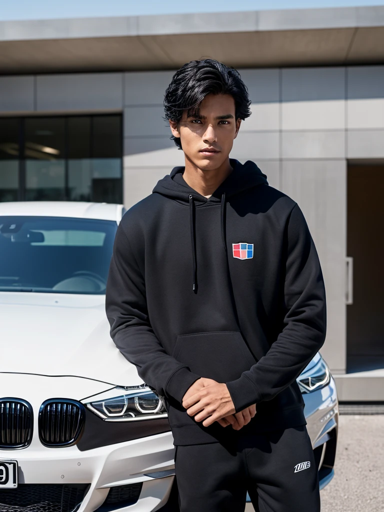 I want a real image of a man in a sweatshirt next to a BMW 3 series f31, preferably tanned,. with black hair