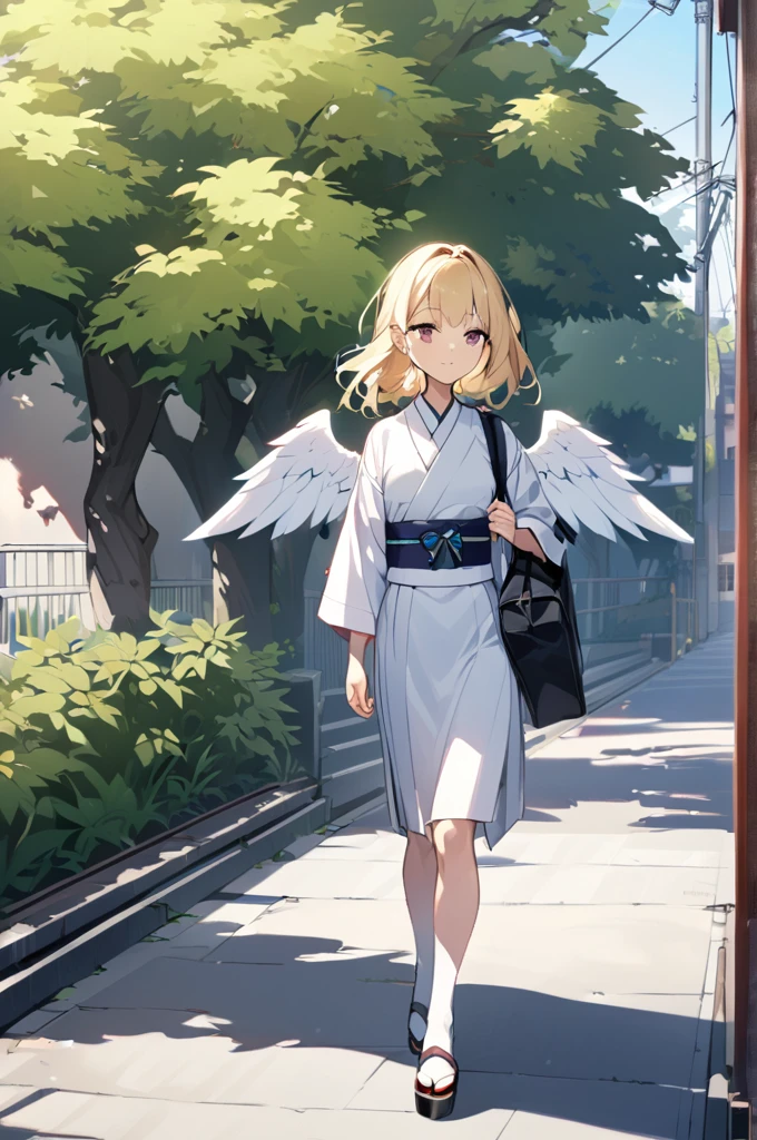 Angel woman , Small breasts, Long blonde hair ,White middle wings,Dressed in a Japanese , holding a Japanese school bag, walking to a high school
