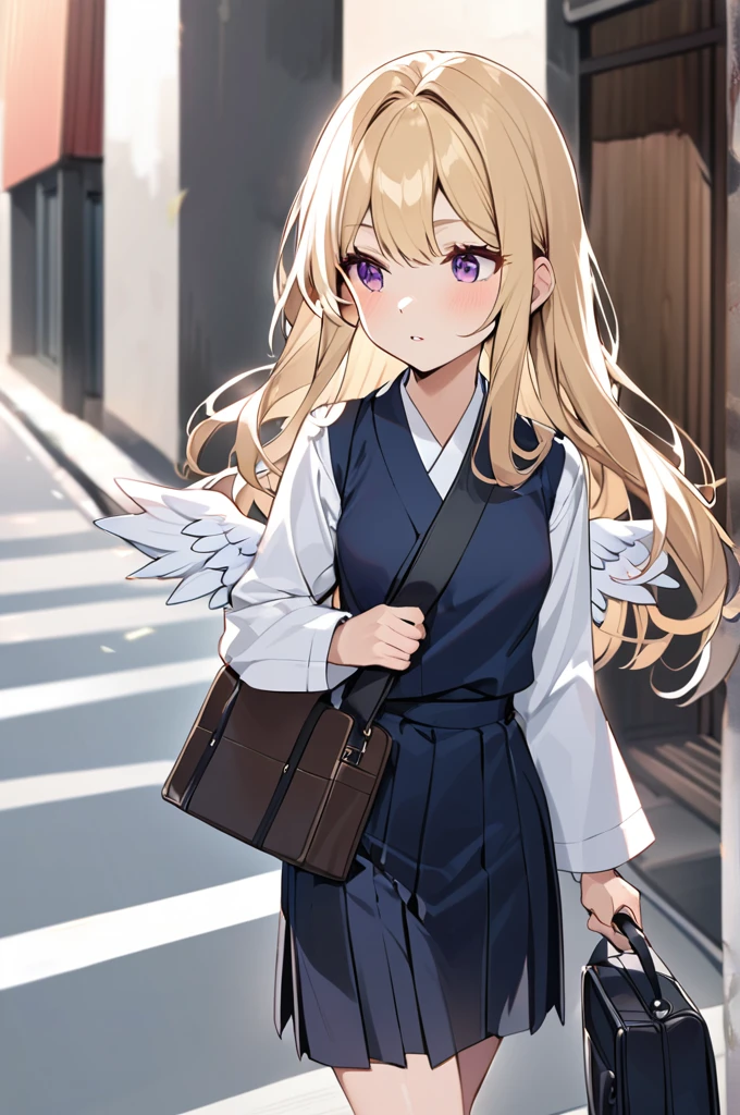 Angel woman , Small breasts, Long blonde hair ,White middle wings,Dressed in a Japanese , holding a Japanese school bag, walking to a high school