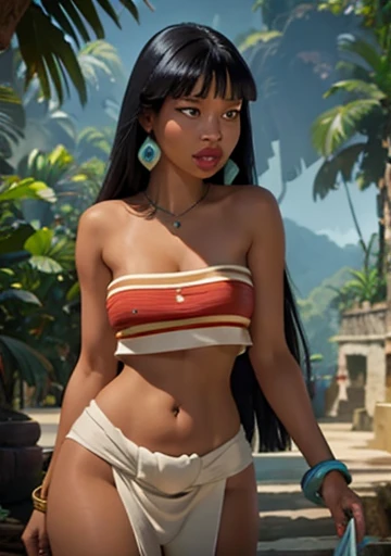 Chel ,the road to el dorado, imagen de body completo 1.2 slender big tits and well defined, body, average height, long black hair, voluminous and red lips, Brown eyes, Wide hips and thin waist, Typical loincloth of pre-Hispanic cultures , gemstone bracelets and necklaces, White skin ,indigenous traits, tropical jungles and brown structures