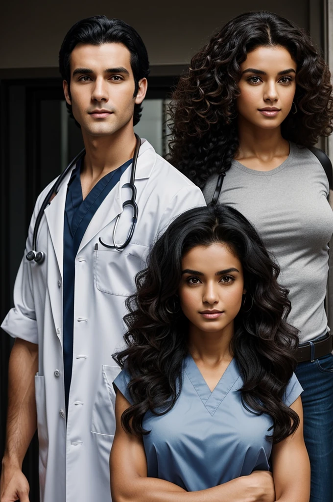 A couple, a tall police boy with straight black hair ,with a more or less muscular physique ,and a girl with long brown hair and curls ,wearing a doctor&#39;s uniform 


