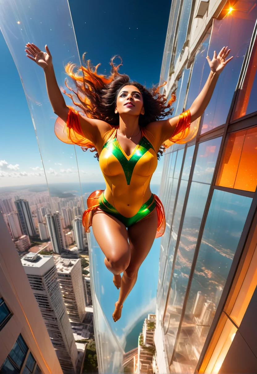 Giant Brazilian woman in free fall from a transparent space building, warm colors, luminescent leds, 