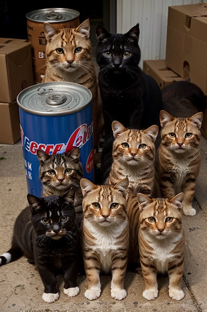 A huge cat and kittens growling and looking angry at humans for their Pepsi-Cola's cans that they considers their property and they won't share with anyone.