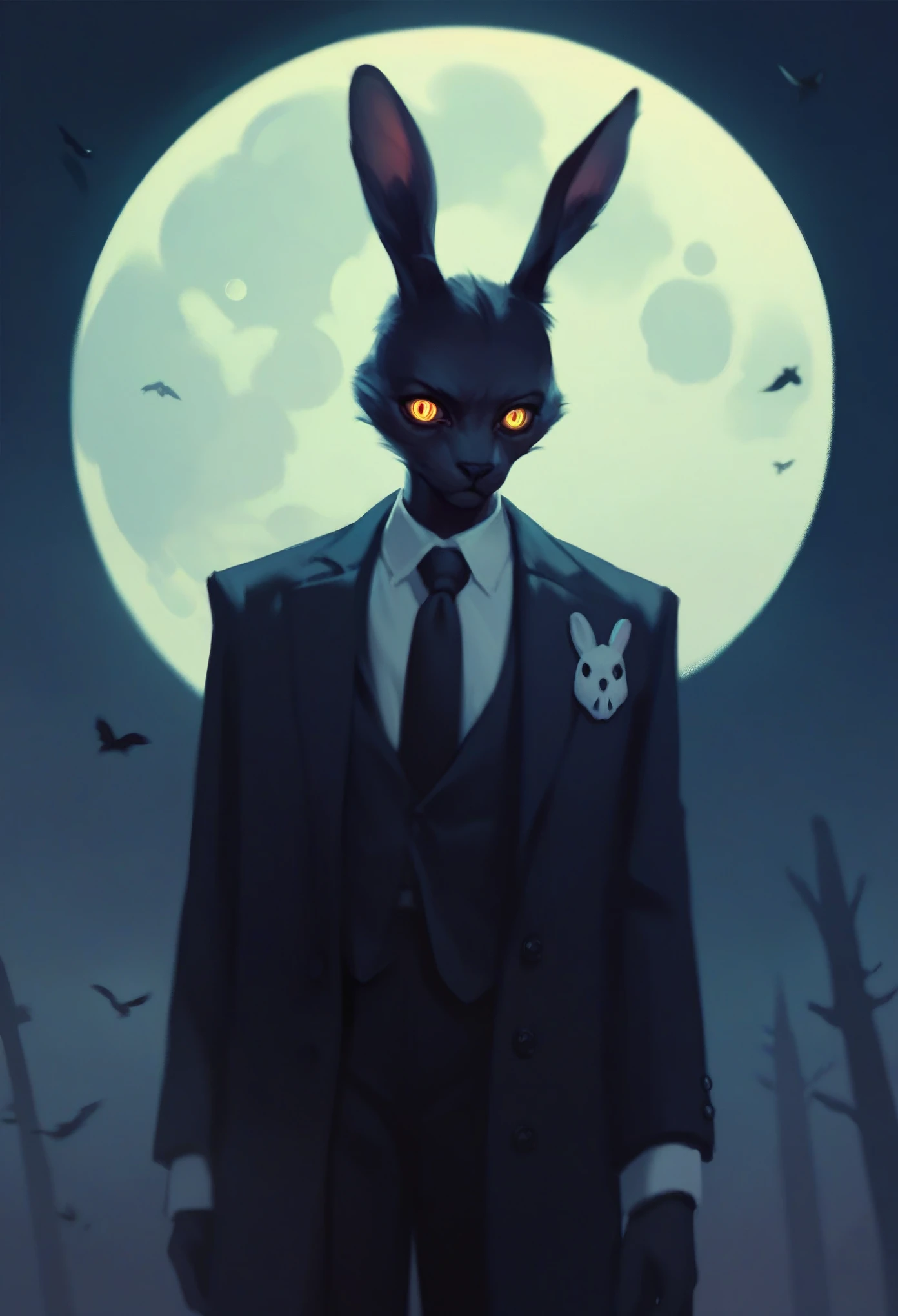black furry bunny standing under the moonlight wearing a suit and has glowing yellow eyes , dark background, high detail, no light, woods landscape in the middle of the night, mistic, full moon, moonlight, (flat shading:1.2), (minimalist:1.4)
creepy bunny, evil