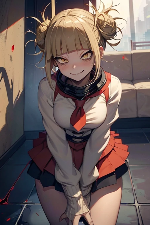 Himiko Toga, ,,(Alone),Himiko toga,(boku no hero academia),(short blonde hair with two messy pulps in her hair and yellow eyes with cat pupils),(Wearing),+,Wearing),+,(\A female character dressed in a short red dress with a super short and sensual skirt, fitted to the body, with white details on the cuffs and collar. She wears white gloves and a traditional red and white Christmas hat, completing the look with red boots.")/,+,(\Facing the front of the fourth wall looking at the fourth wall:1.5)/ 