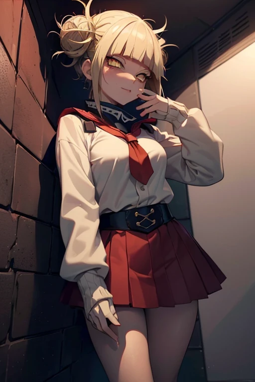 Himiko Toga, ,,(Alone),Himiko toga,(boku no hero academia),(short blonde hair with two messy pulps in her hair and yellow eyes with cat pupils),(Wearing),+,Wearing),+,(\A female character dressed in a short red dress with a super short and sensual skirt, fitted to the body, with white details on the cuffs and collar. She wears white gloves and a traditional red and white Christmas hat, completing the look with red boots.")/,+,(\Facing the front of the fourth wall looking at the fourth wall:1.5)/ 