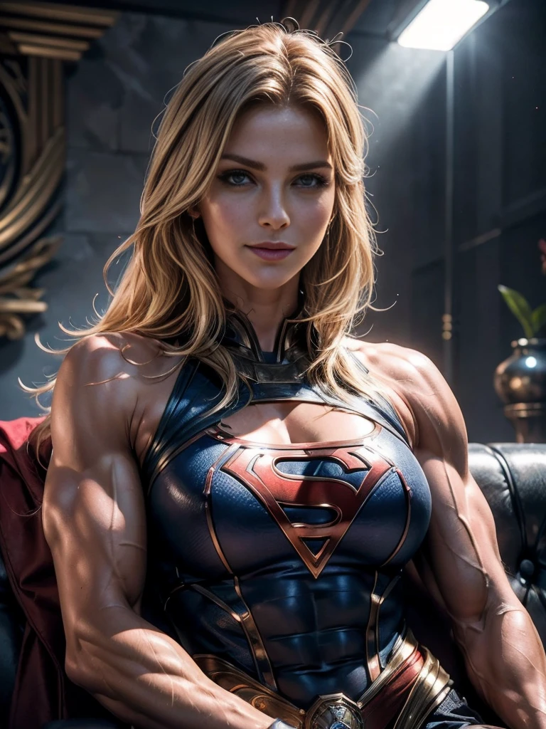 fit Livvy Dunne sitting on sofa, (flexing bicep pose:1.4), long flowing blonde hair, blue eyes, seductively smiling, flirtatious, abs, Real Life, full bodyshot, (Ultra Realistic:1.4), Photorealism, Photography, 8K UHD, Photo, HDR, Complex and Elegant, Highly Detailed, Sharp Focus, Stunning, Beautiful, (Gorgeous: 1.2), Best Quality 1:1, Ultra Detail: 1.4, Best Shadows, (8k: 1.1), (beautiful detailed face), high contrast, (perfect lighting: 1.2), ((cinematic light)), colorful, hyper-detail, dramatic light, intricate detail, photograph by arny freytag, 21 years old, muscular, Supergirl