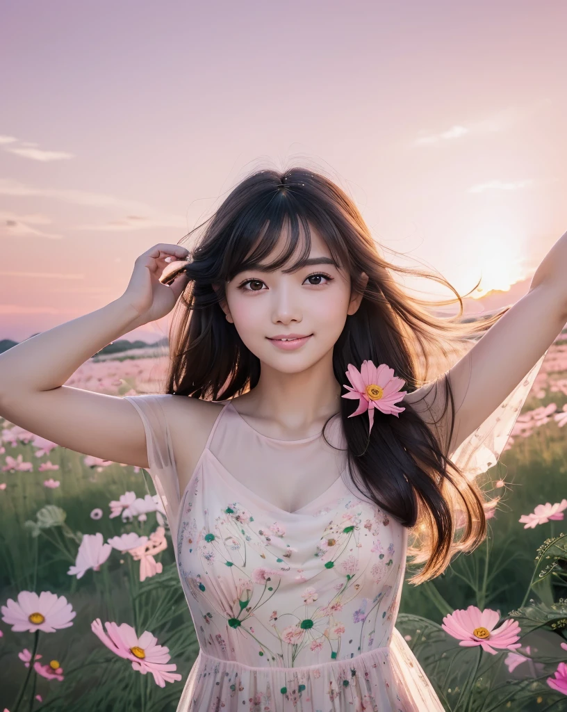 (Highest quality), (32k), (High resolution:1.5), (Masterpiece:1.5), marimo_jet, ((Face Focus:1.3)), Beautiful face in every detail, god々A photograph with brilliant dazzling and healing power., Evoking a sense of calm and elusive beauty, Expressing emotions, Have a rich imagination, A flower field that stretches to the horizon, Nostalgic scenery of youth, Beautiful Japanese Girls, An exceptionally beautiful face, Small Face Beauty, Perfect Human Anatomy, Magical big eyes, Motherhood and generosity, Deep Love, fleeting smile, Shiny black hair, Beautiful long hair swaying in the wind, Asymmetrical bangs, Hair between the eyes, Transparent, soft white skin, Sharp eyebrows, Thin lashes, Natural Makeup, Cheek highlighter, Pale pink detailed lips, (Floral dress:1.4), ((Cosmos fields stretching to the horizon:1.3)), ((Pink Sky:1.3)), Beautifully detailed skies, ((Shining in the morning sunlight)), Professional photographer, Professional Lighting, Professional models, god秘的