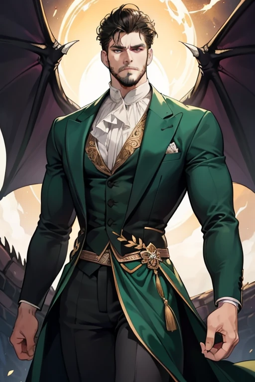 1. (ultra-detailed) - a tall, imposing man with short black hair and green eyes, accented by dragon pupils and an outlined beard that adds a hint of ruggedness to his otherwise elegant demeanor. He wears a dark green suit tailored to perfection, adorned with intricate gold details, exuding an air of authority and sensuality. His broad shoulders and well-defined muscles suggest a strength that is both intimidating and appealing.
2. (1girl) - beside the man, a slim, thin girl with long black hair and purple eyes shaped like slender dragon eyes. Her skin glows softly under the moonlight, and she wears a stunning