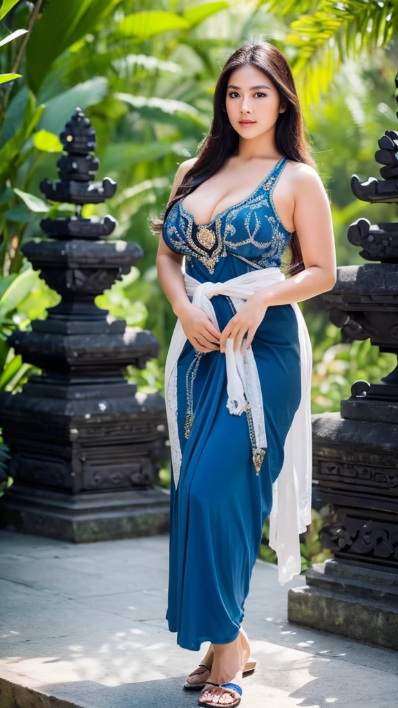masterpiece,ultra realistic,32k,intricate details, sharp focus, realistic, closed, seductive pose, black eyes, jewelr, lips, realistic, looking_at_viewer, wet skin, shiny skin, SHORT SLEVES, indonesian clothes, bali, balinese, cityscape, transparent standing pose,((blue army kebaya)),full body, body,curvy body,long hair,beauty face,cowboy shot,