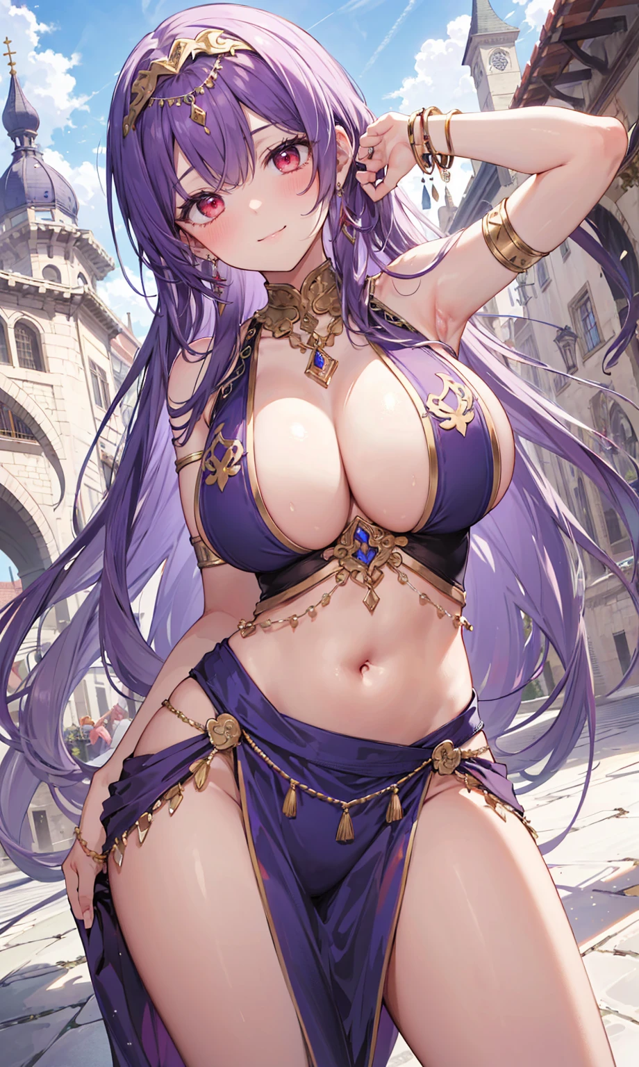 high quality, ultra detailed, best quality, insanely detailed, beautiful, masterpiece, 1girl, medieval plaza, cowboy shot, red eyes, long hair, purple hair, belly dancer, circlet, earrings, armlets, bracelets, bashful smile, large breasts, cleavage, soft stomach