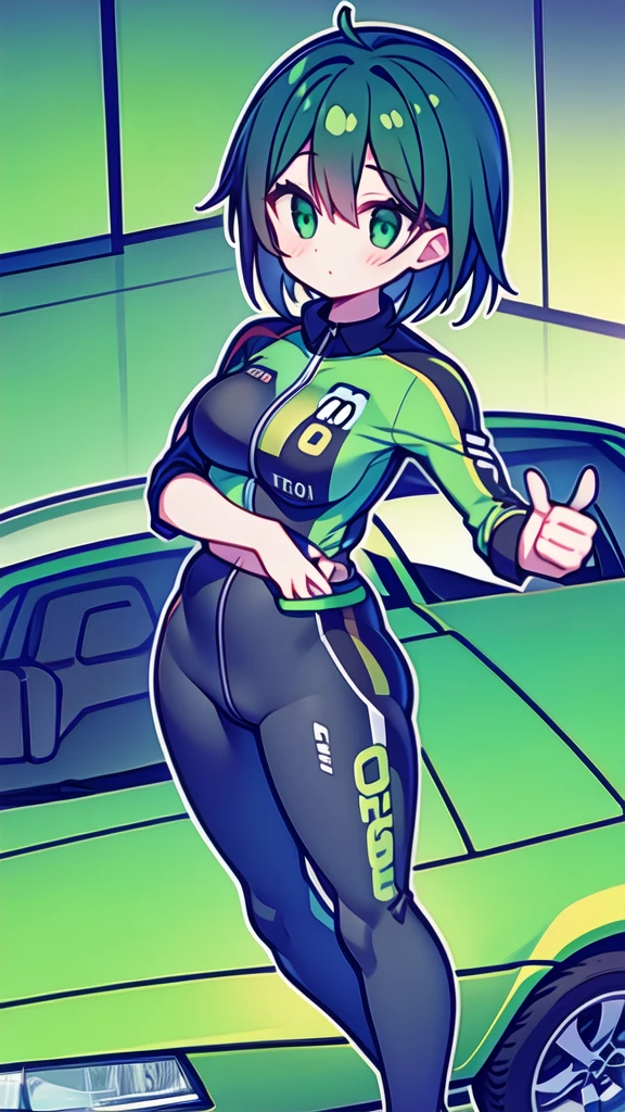 Logo of a girl with short black and green hair from a car customization company called Infortunio, wearing racing clothes and giving a thumbs up, alone and solitary.