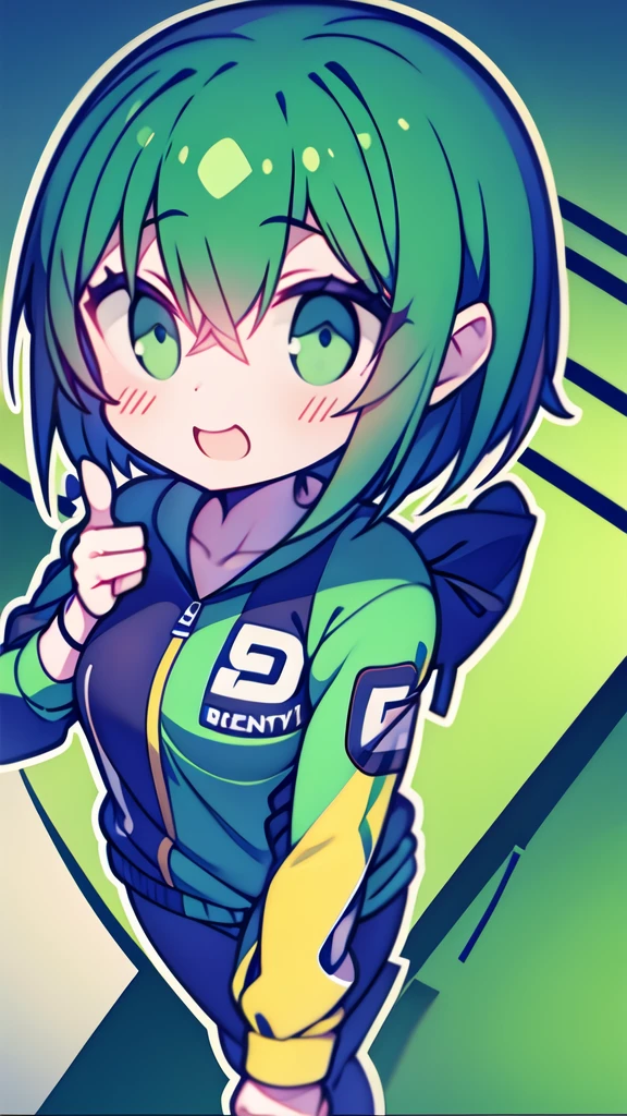 girl with short greenish hair giving a thumbs up to the camera automotive sportswear