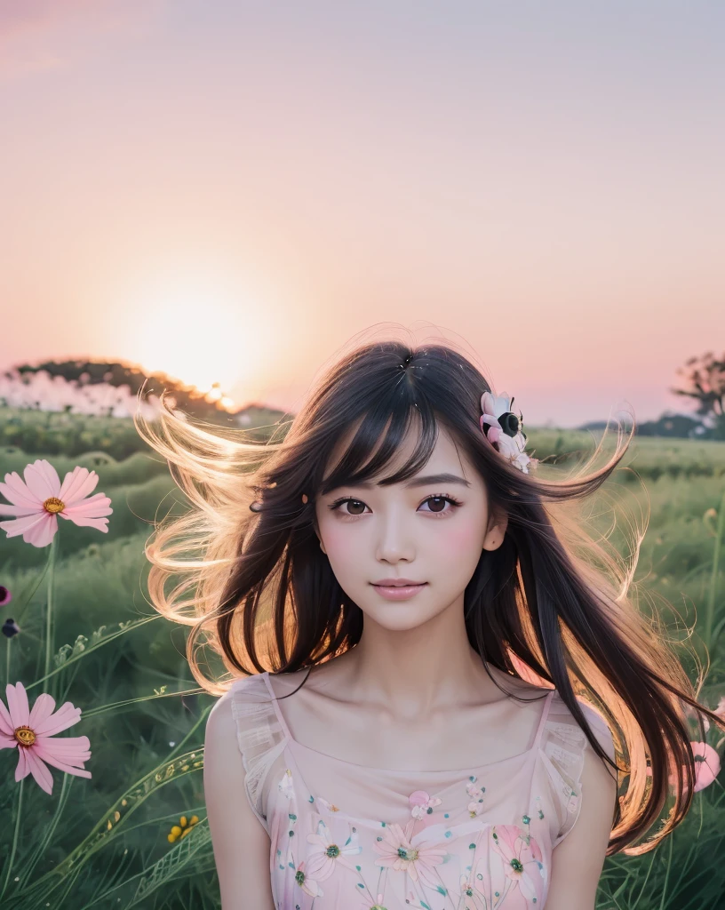 (Highest quality), (32k), (High resolution:1.5), (Masterpiece:1.5), marimo_jet, ((Face Focus:1.3)), Beautiful face in every detail, god々A photograph with brilliant dazzling and healing power., Evoking a sense of calm and elusive beauty, Expressing emotions, Have a rich imagination, A flower field that stretches to the horizon, Nostalgic scenery of youth, Beautiful Japanese Girls, An exceptionally beautiful face, Small Face Beauty, Perfect Human Anatomy, Magical big eyes, Motherhood and generosity, Deep Love, fleeting smile, Shiny black hair, Beautiful long hair swaying in the wind, Asymmetrical bangs, Hair between the eyes, Transparent, soft white skin, Sharp eyebrows, Thin lashes, Natural Makeup, Cheek highlighter, Pale pink detailed lips, (Floral dress:1.4), ((Cosmos fields stretching to the horizon:1.3)), ((Pink Sky:1.3)), Beautifully detailed skies, ((Shining in the morning sunlight)), Professional photographer, Professional Lighting, Professional models, god秘的