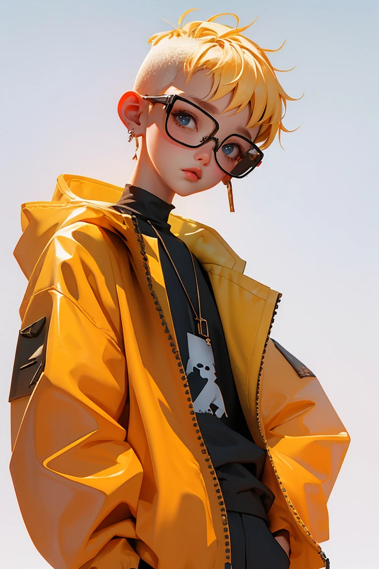Blind Box,Simple Background,Extraordinary wide portrait of microscopic unknown little small 愛らしい cyberpunk alien species over orange tech style of high tech fashion professional photography, 8K, White blonde buzz cut,Boy wearing transparent glasses,Black clothes