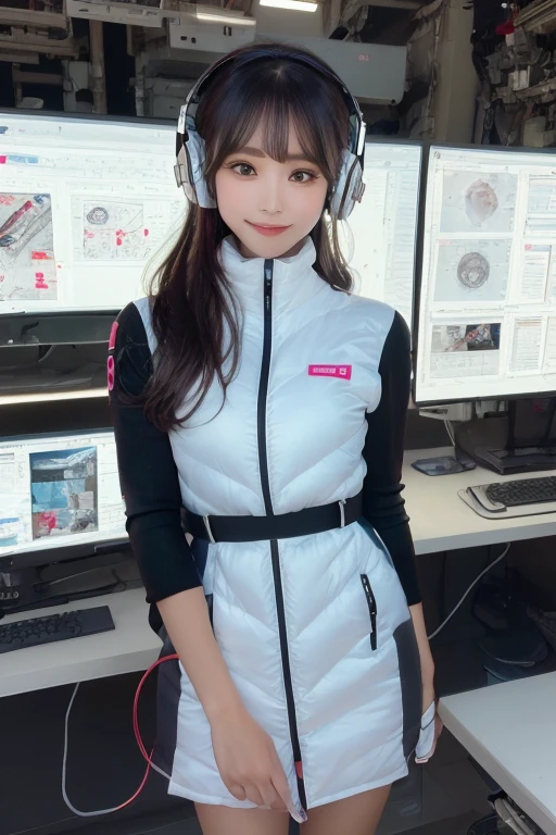 masterpiece, Highest quality, Very detailed, 8K Portrait,Japanese Android Girl,plump , Control panel,Robotic arms and legs, Blunt bangs,,break (Metallic Gray, Metallic er, Mirror finish, Astro Best):5,headphone:5,break (Black sleeves):100,Smart Watches,Futuristic space station,Control Room,break headphone,blue eyes,(Black Hair):2,(Long Hair):1.3,Viewer Display,(respirator),break blush:3,Hidden Hand,smile