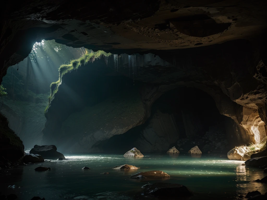 A mesmerizing scene of a mystical portal to another world, situated within an abandoned cave illuminated by dappled sunlight. The circular portal is surrounded by a swirling fog, with an enchanting orange light emanating from its depths. A crystal-clear river flows into the cave, adding to the sense of magic and wonder. The overall atmosphere is a blend of mystery, adventure, and awe-inspiring beauty.
