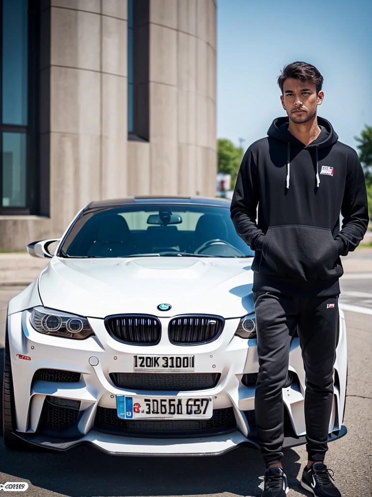 I want a real image of a man in a hoodie next to a BMW M3, preferably tanned.