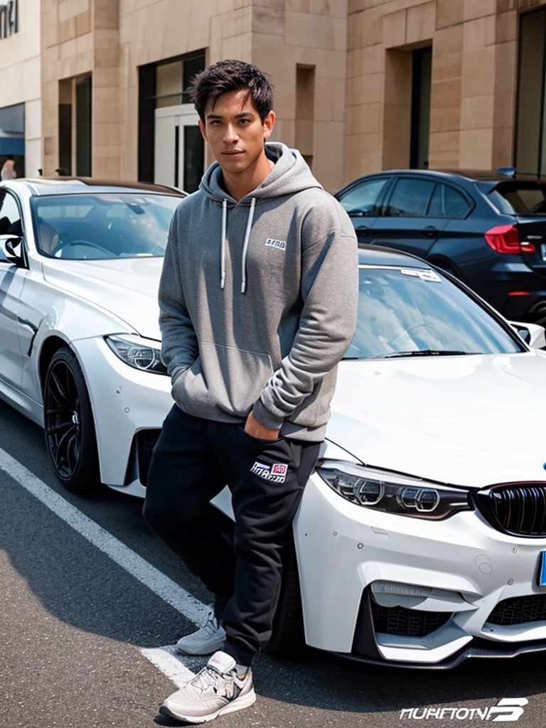 I want a real image of a man in a hoodie next to a BMW M3, preferably tanned.