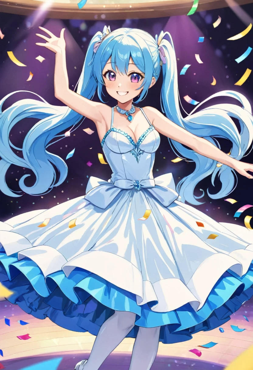 Light blue long hair、Beautiful girl with twin tails、Beautiful rings、Great smile、Bright smile、Wedding dress、The ring is shiny、Seven-colored confetti is dancing