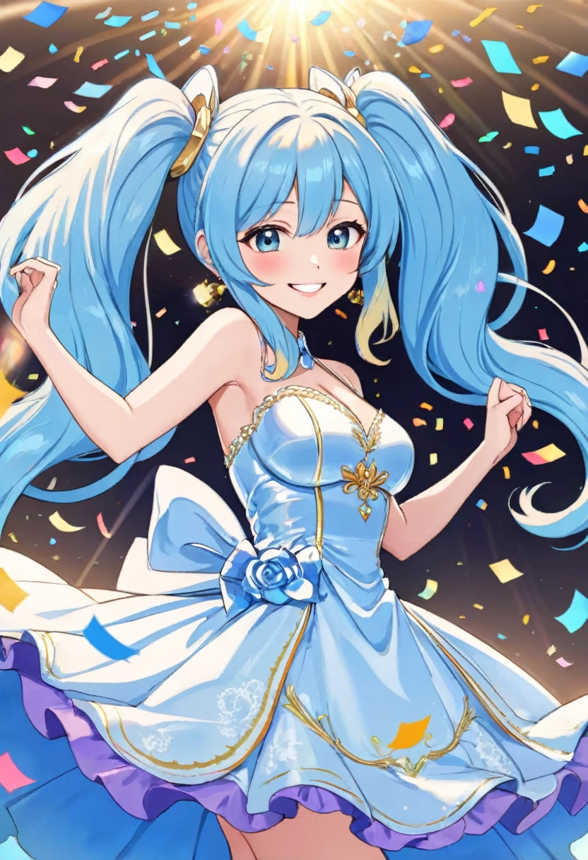 Light blue long hair、Beautiful girl with twin tails、Beautiful rings、Great smile、Bright smile、Wedding dress、The ring is shiny、Seven-colored confetti is dancing