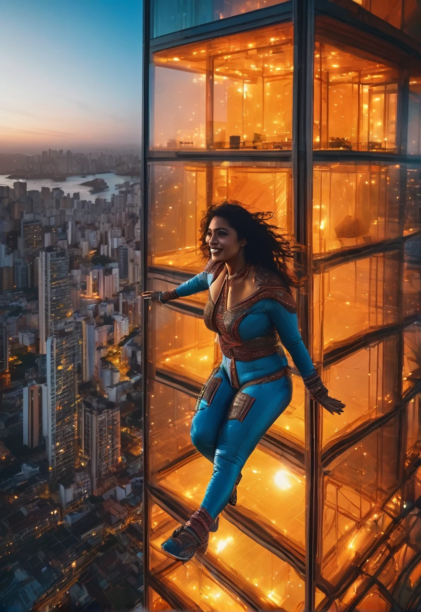 Giant Brazilian woman in free fall from a transparent space building, warm colors, luminescent leds, 