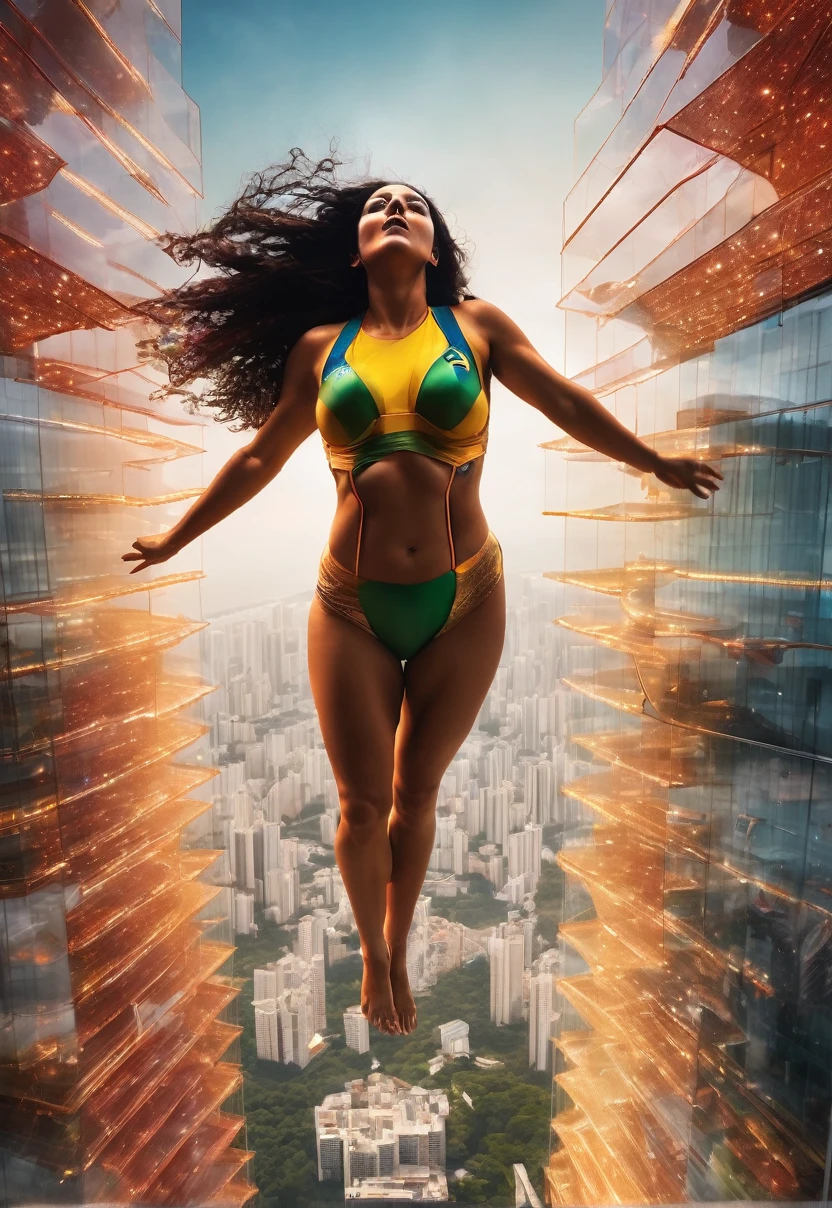 Giant Brazilian woman in free fall from a transparent space building, warm colors, luminescent leds,