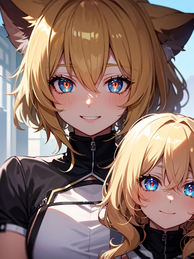 hair over shoulder, wavy hair, hair strand, shiny hair, blonde hair, eye reflection, glowing eyes, slit pupils, amber eyes, cat ears, smile, blush, glint, happy, anime, anime style, En plein air, high detail, cinematic lighting, ray tracing, reflection light, masterpiece, accurate, anatomically correct, super detail, high details, high quality, best quality, highres, 4K