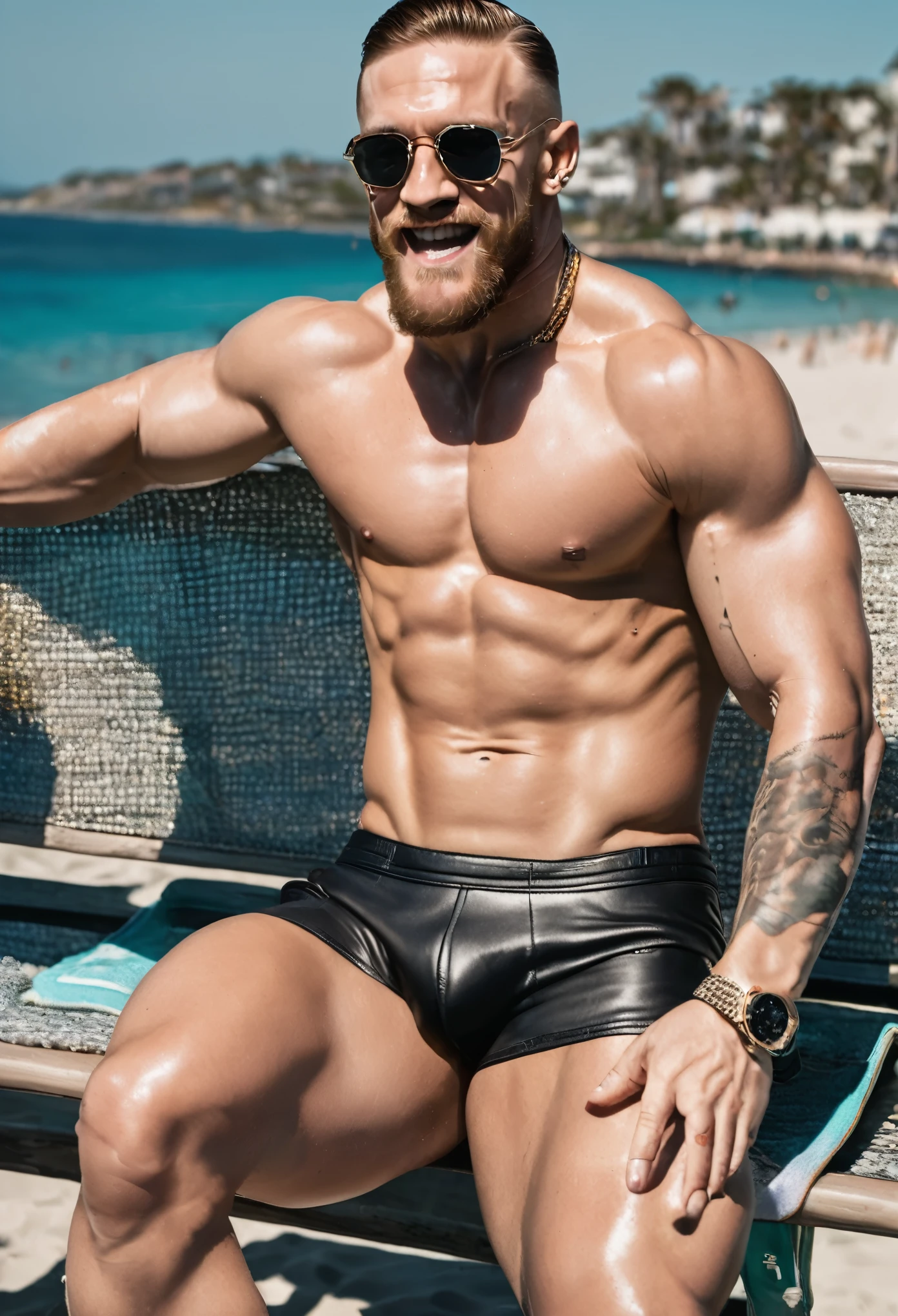 smiling muscle conor mcgregor in shades, in tight black leather speedos, manspread in the bench on hhe beach. hands over head