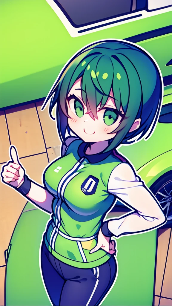 Logo of a girl with short black and green hair from a car customization company called Infortunio, wearing racing clothes and giving a thumbs up, alone and solitary.