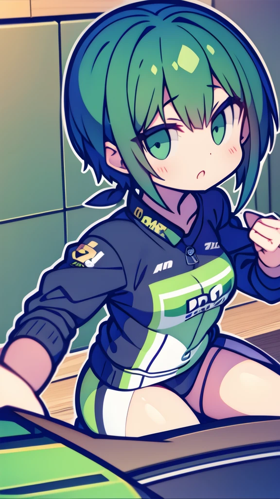 Logo of a girl with short black and green hair from a car customization company called Infortunio, wearing racing clothes and giving a thumbs up, alone and solitary.