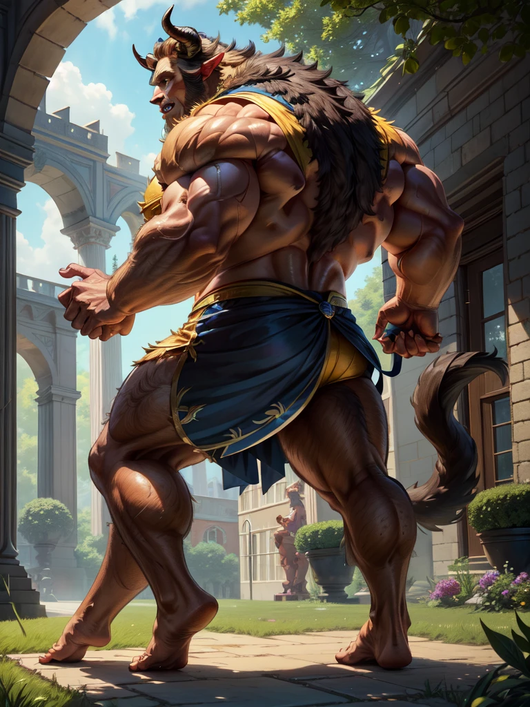 A realistic image of the Beast from the movie Beauty and the Beast, super muscular giant, with muscular arms, blue eyes, a tail, super furry with brown fur, horns facing backwards, wearing a yellow and blue X-Men uniform, with veins bulging, barefoot, in the garden of his castle, seen from the front showing his strength, lifting two extremely large and heavy alters