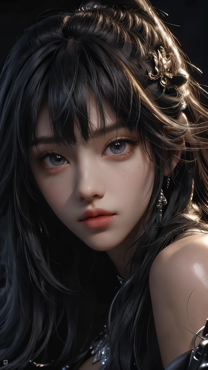 masterpiece, best quality, ultra-detailed, facing the camera head on, intricately detailed hyperdetailed, realistic, sharp features, highly detailed, sharp focus, perfect face, perfect face, perfect symmetrically perfect eyes, perfect full lips, flexible female form, cinematic, film light, hyper detailed, hyper realistic, dynamic studio lighting, nsfw, ((Dark background)), Sexy face, Facial expressions when receiving pleasure, straight Bangs,