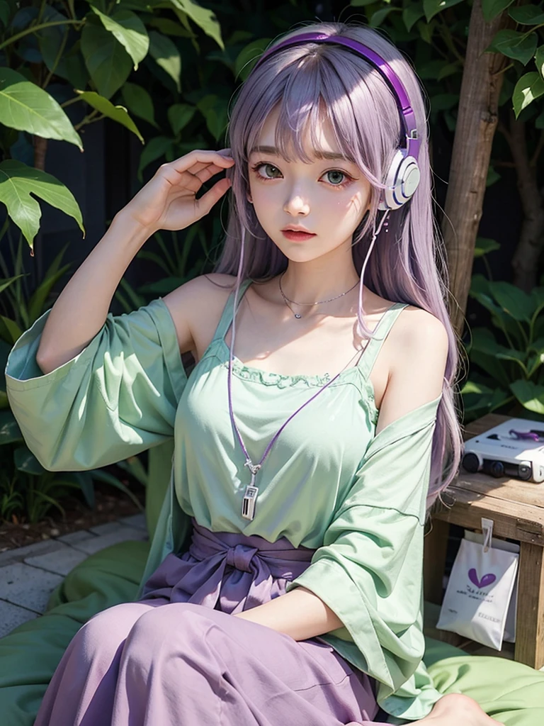 Chill Heartbeats、Light purple、green、listening to music on headphones、relax、Happy、Ghibli、
