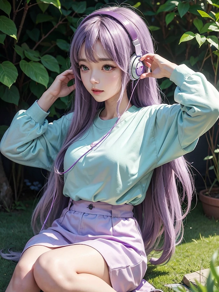 Chill Heartbeats、Light purple、green、listening to music on headphones、relax、Happy、Ghibli、