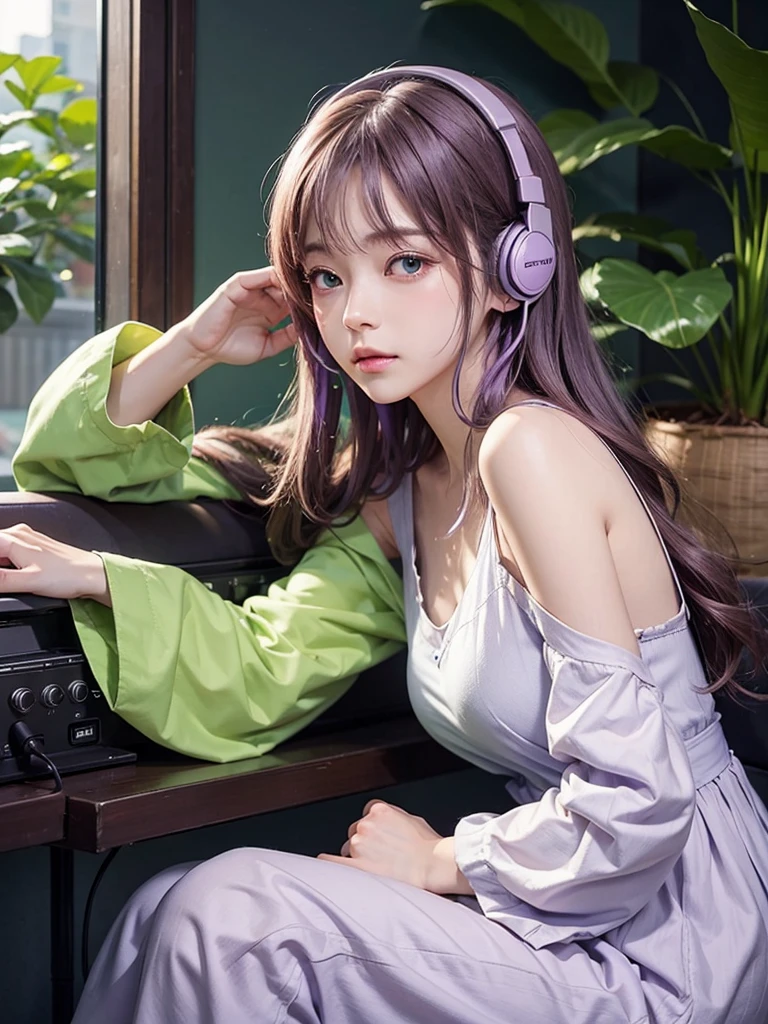 Chill Heartbeats、Light purple、green、listening to music on headphones、relax、Happy、Ghibli、